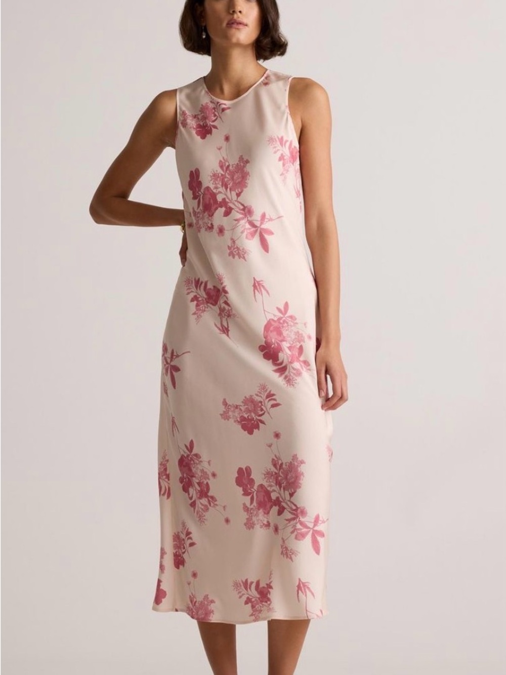 Quince NWT Washable Stretch Silk Tank Midi Dress Bouquet Symphony Pink Sz Large